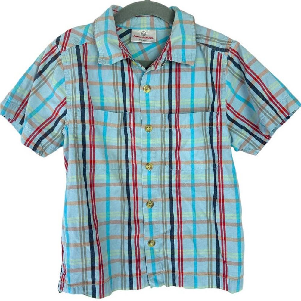 Hanna Andersson Blue Short Sleeve Plaid Button Down Shirt Boys Size 5